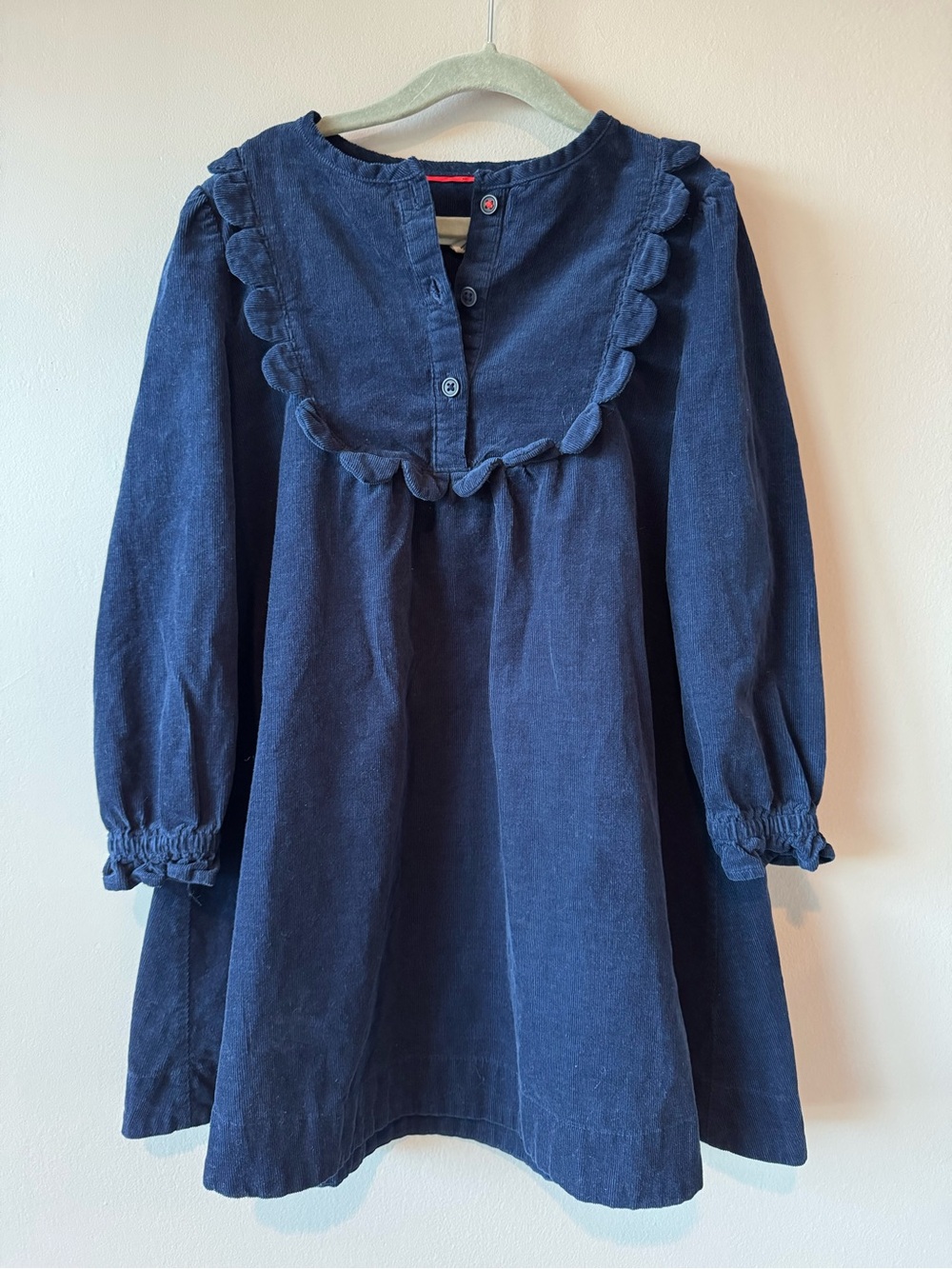 Mini Boden Girl’s Corduroy Navy Scallop Bib Button Dress Size 6-7 Years